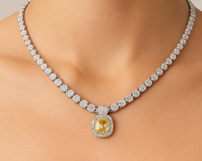 3.02 Ct Natural Fancy Yellow Diamond Necklace | Cushion Cut VS1 | 18k White & Yellow Gold Choker | 15.11 Ct Diamond Statement Jewelry