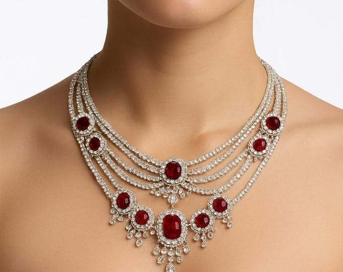 32.54ct Natural Ruby and Diamond Necklace: 14K White Gold Bridal Choker