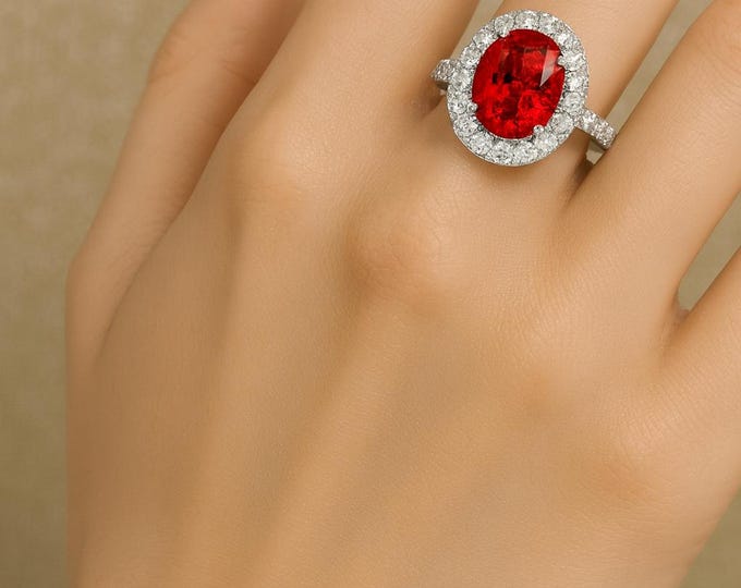 18KT White Gold Ruby & Diamond Ring | 4.18ct Natural Mozambique Ruby Oval Cut with Diamonds | Fine Luxury Engagement Ring