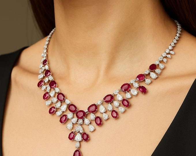 Luxury Ruby & Diamond Necklace – 18K White Gold, 70.15 CTW, Natural Pear Diamond Oval Ruby Gemstones, Statement Collar Necklace Jewelry