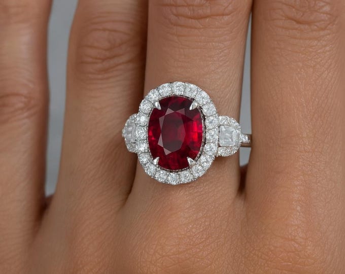 Ladies 4.14ct Oval Ruby & Diamond Ring | 18K White Gold Natural Ruby Engagement Ring | Fine Statement ruby diamond ring Luxury Jewelry Gift