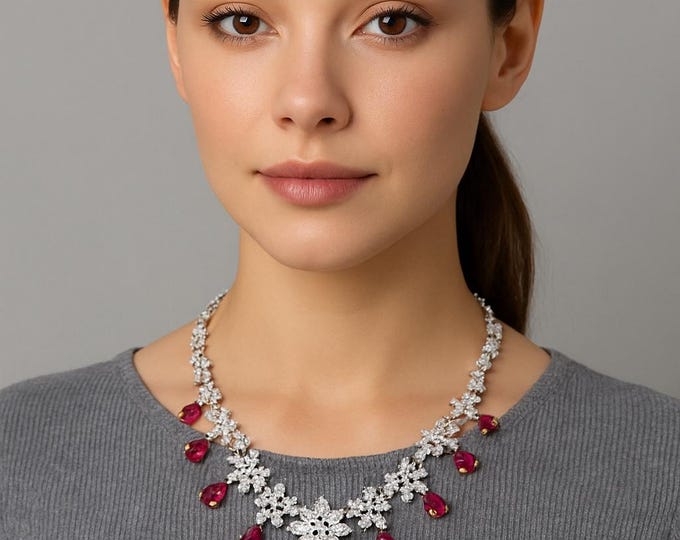 Ruby Diamond Statement Necklace 18K White Gold  Bridal Jewelry, Luxury Wedding Necklace, Red Gemstone Halo Necklace, Anniversary Gift for