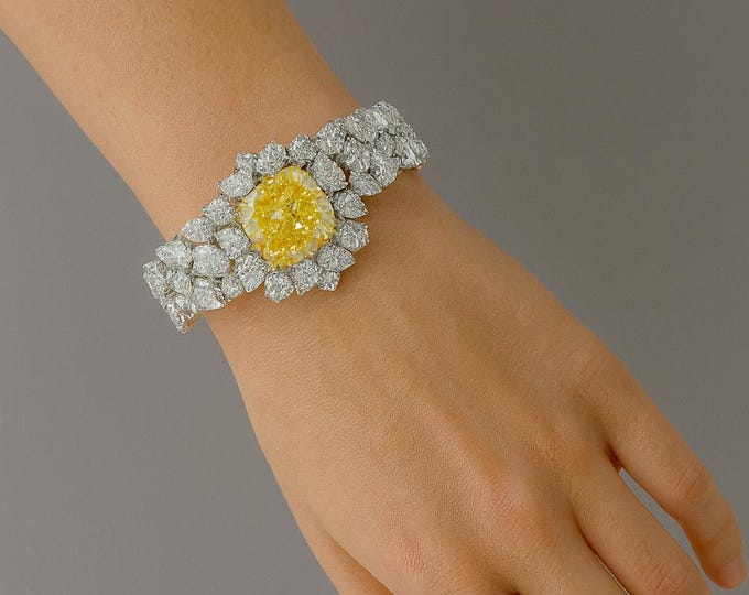 7.40ct Fancy Yellow Diamond Bracelet Cushion Cut VVS2 18k White & Yellow Gold Signed Tennis Fine Jewelry Statement fancy colored diamond