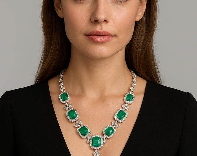 70.67 TCW Zambian Emerald  Diamond Lariat Necklace | 18k White Gold | Natural Emerald  H Diamond Y-Drop Pendant Necklace