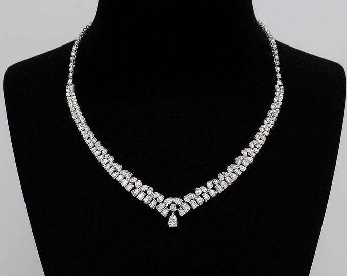 20.07 Ct Natural Diamond Wedding Necklace | 14k White Gold Teardrop Multi-Shape Diamond Collar | Certified SI/H Diamonds