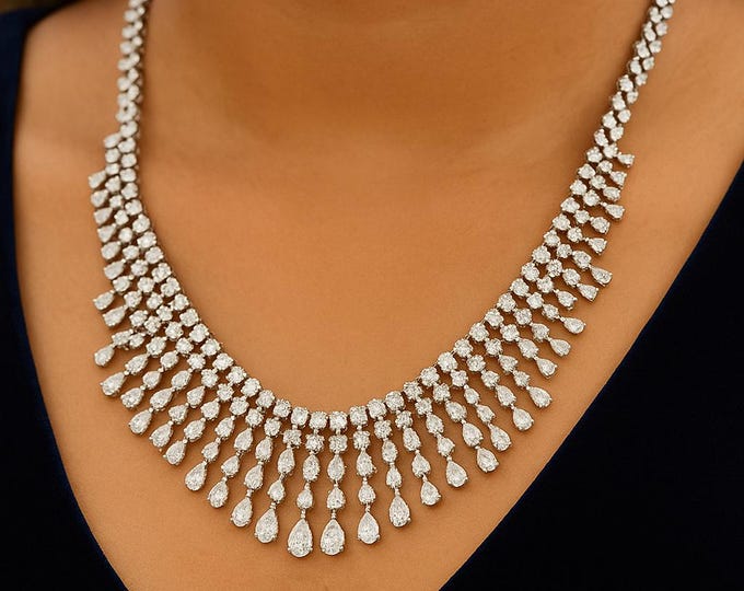 18.96 Ct Natural Baguette Diamond Necklace SI/H Round & Baguette Cut 18k White Gold Wedding Collar Necklace  Anniversary, Luxury Jewelry