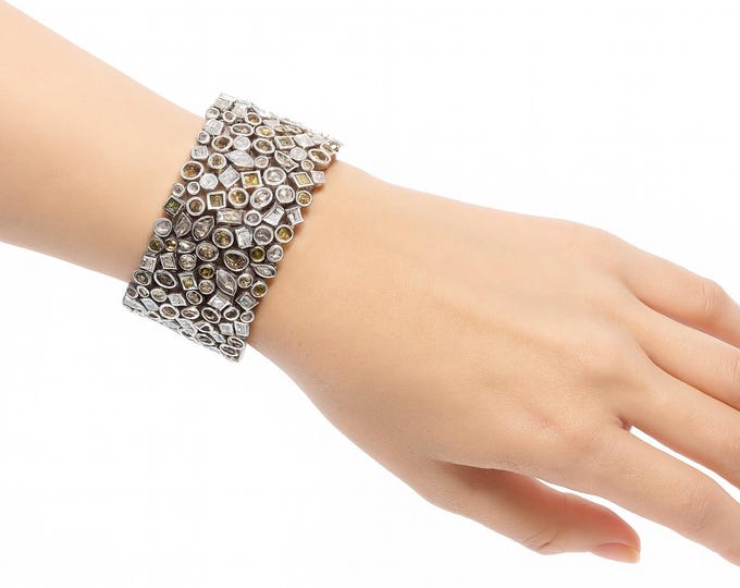 40.26ct Fancy Multi Color Diamond Bracelet 18k White Gold Mixed Cut Cluster Wide Bangle VS1-SI2 Natural Fine Jewelry