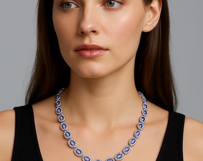 41.02 Ct Natural Blue Tanzanite & Diamond Tennis Necklace in 14k White Gold | Oval Mixed Halo Setting Wedding, Anniversary, Engagement Gift
