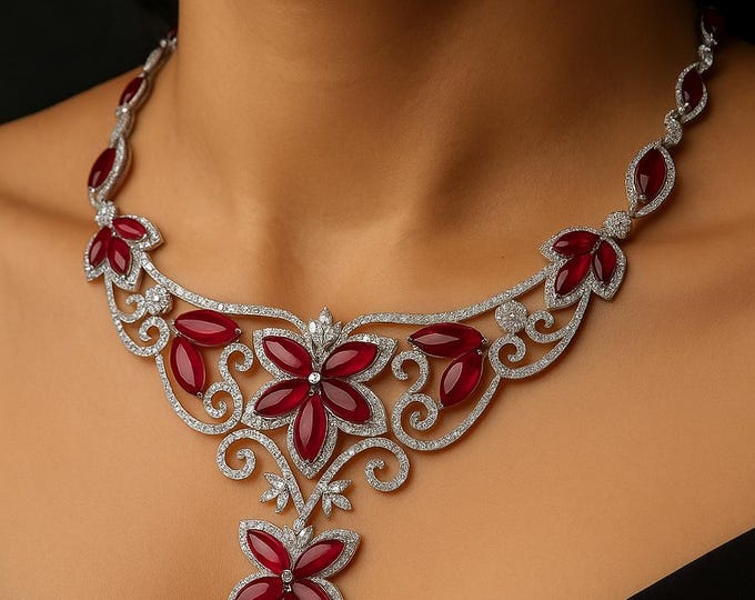 158.68ct Natural Ruby & Diamond 18K White Gold Necklace: Bridal Choker