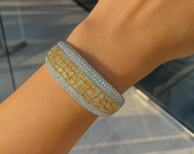 Large Diamond Bangle Bracelet 18.82 Ct in 18K Two-Tone Gold | Fancy Yellow & White Diamond Cluster Luxury Statement Jewelry