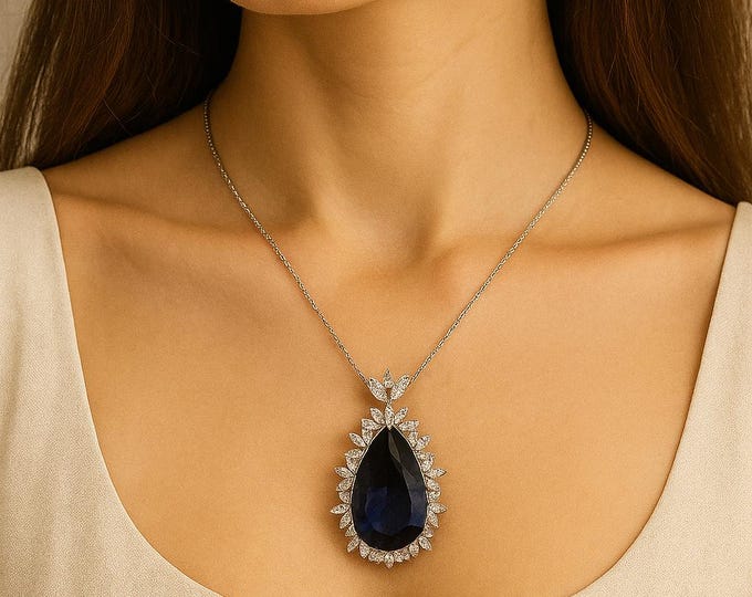 AAAA Tanzanite & Diamond Halo Necklace | 18K White Gold | 52.67 CT | Pear Teardrop Pendant | Luxury Jewelry Loupe Clean | Anniversary Gift