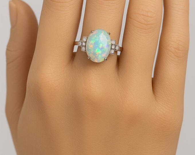 Natural Australian Crystal Opal Diamond Ring | 4.5ct Cabochon Opal Platinum Engagement Ring | Handmade Fine Opal Jewelry Authentic Opal Ring