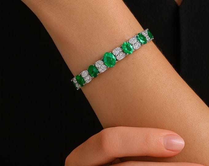 Natural Colombian Emerald Bangle Bracelet 12.10 Ct Oval Cut in 18K White Gold | Vivid Green Diamond Accent Adjustable Luxury Fine Jewelry