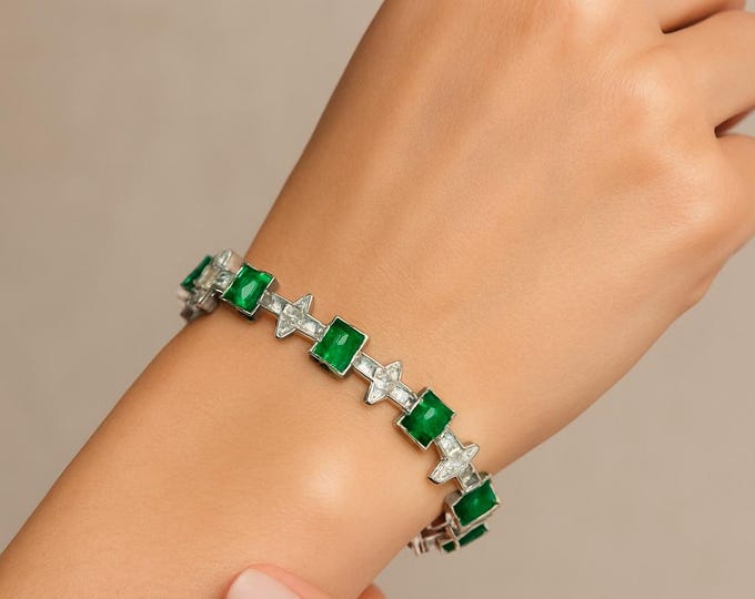 Natural Colombian Emerald & Diamond Bracelet 7.90 Ct Cushion Cut in 18K White Gold | Vivid Green Adjustable Bangle Fine Jewelry