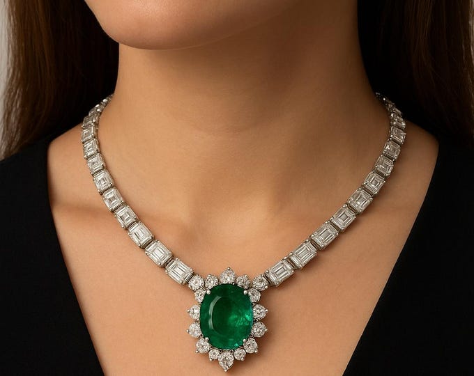 Platinum 14.63ct Diamond  8.36ct  Emerald Necklace in 18K White Gold | Luxury Cocktail Statement Pendant Necklace