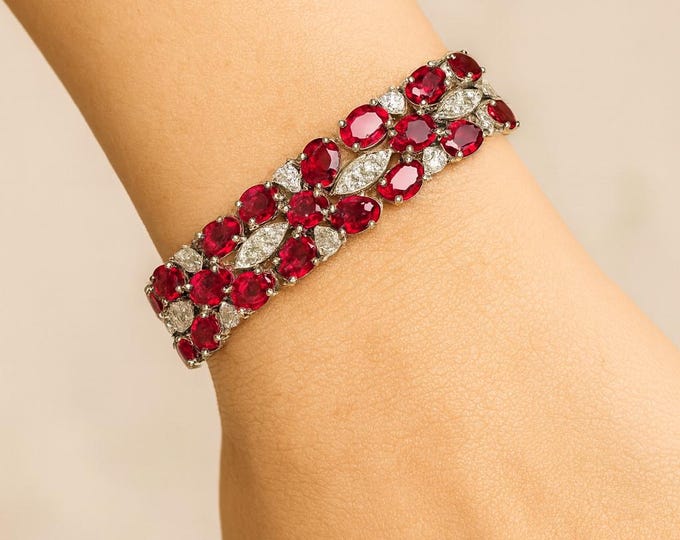 30.82ct Natural Ruby Diamond Bracelet 14k White Gold Tennis Statement Wide Bangle Fine Jewelry Luxury Gift Ruby Bracelet 14k Bracelet Gold