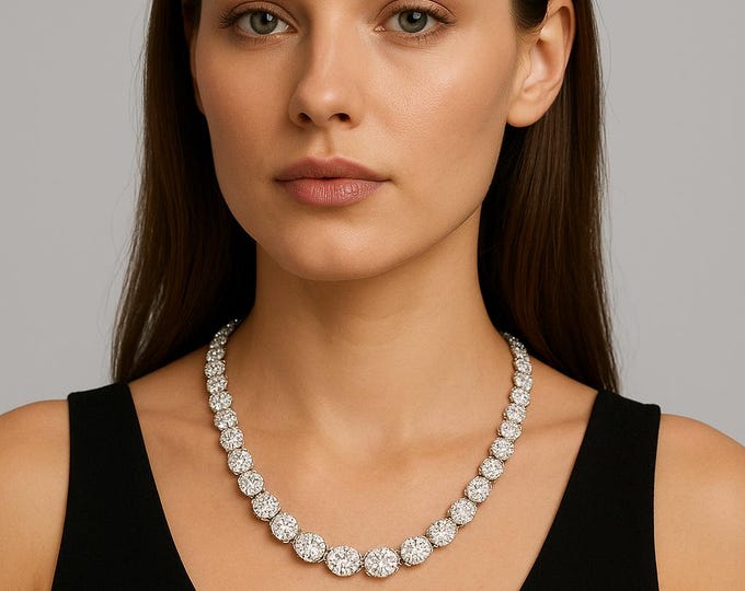 18k White Gold Diamond Tennis Necklace | 43.19 Ct Natural Round Diamonds | 17" Graduated 3-Prong Setting | Fine Luxury Jewelry Gift