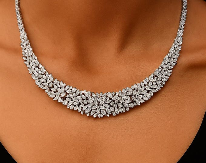 15.56 Ct Marquise Diamond Bridal Wedding Necklace | 18k White Gold Fine Jewelry | Natural SI/H Diamonds, Luxury Charm Chain Gift for Her