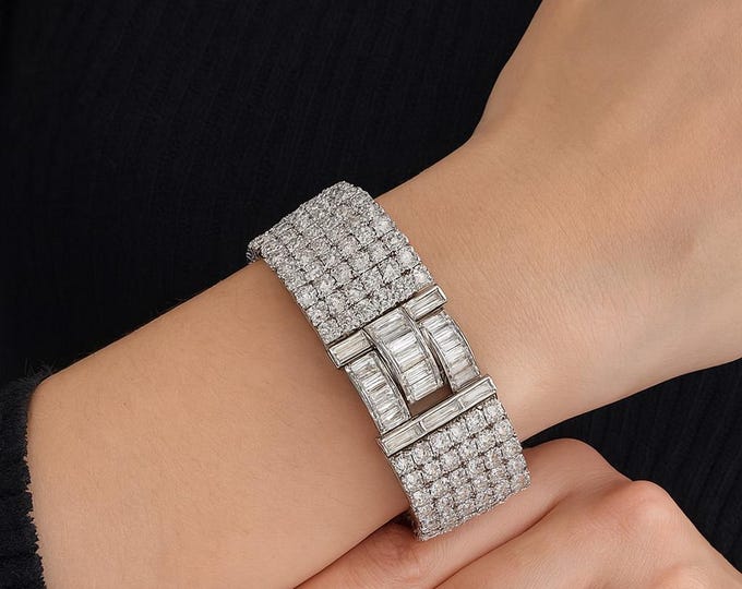 40ct Diamond Ribbon Bow Bracelet Platinum Signed Vintage VS1 D-F Brilliant Cut Tennis Wrap France