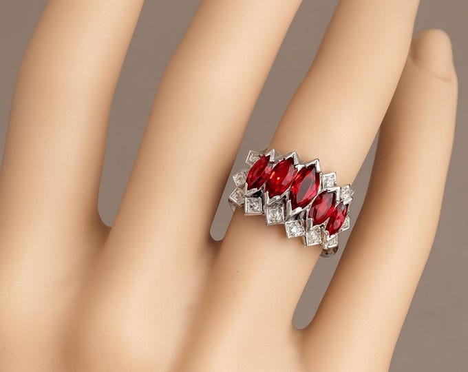 Ruby Diamond Ring 18K White Gold | Natural Marquise Cut Ruby Engagement Wedding Anniversary Ring | Handmade Fine Jewelry Gift