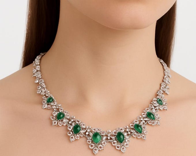 Gold Emerald and Diamond Bib Necklace Green Emerald Diamond Bib Choker, Platinum Emerald Heart Cabochon Necklace 8.44ct Gift For Her