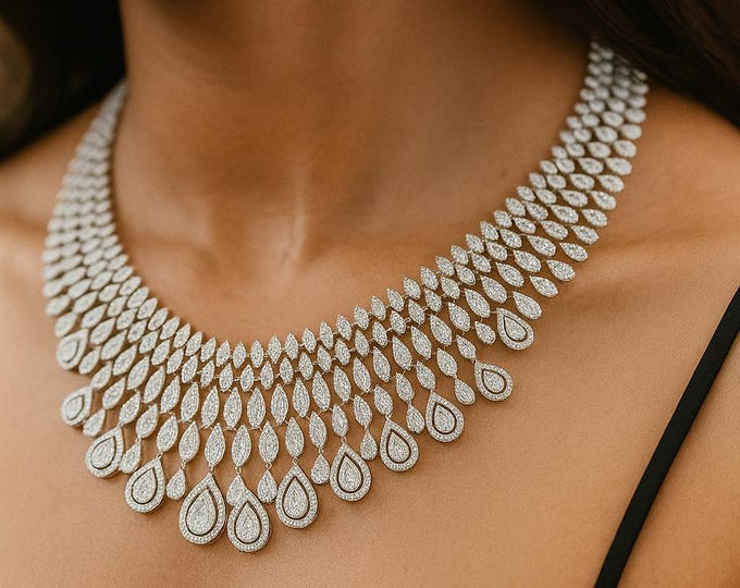 25.40 Ct Natural Diamond Necklace H/SI Round Cut Teardrop Pendant 18k White Gold Pave Diamond Collar Necklace Bridal , Wedding Jewelry
