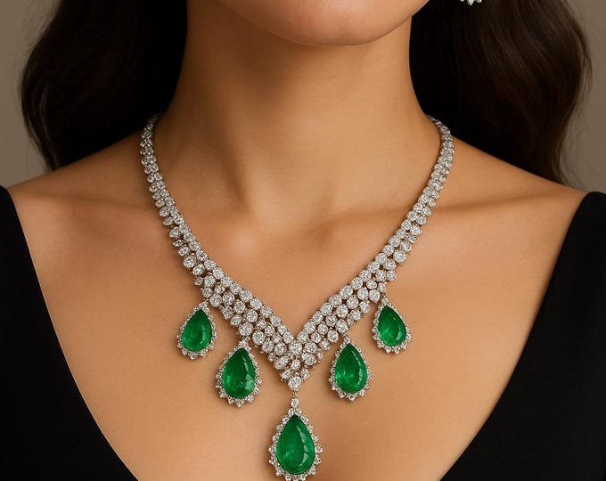 Exquisite Green Emerald & Diamond Necklace in Platinum 950 | 12.08ct Natural Pear Emeralds | Luxury Fine Jewelry