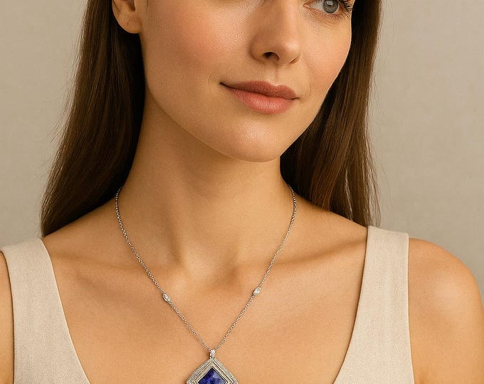 18K Two-Tone Gold Princess Cut Tanzanite Necklace | 16.38 CT Violet Tanzanite Halo Pendant | Diamond Accent | Fine Jewelry
