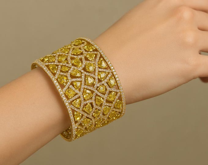 Large 23.51Ct White & Fancy Yellow Diamond Love Bangle Bracelet | 18K Two Tone Gold Heart Design Luxury Fine Jewelry