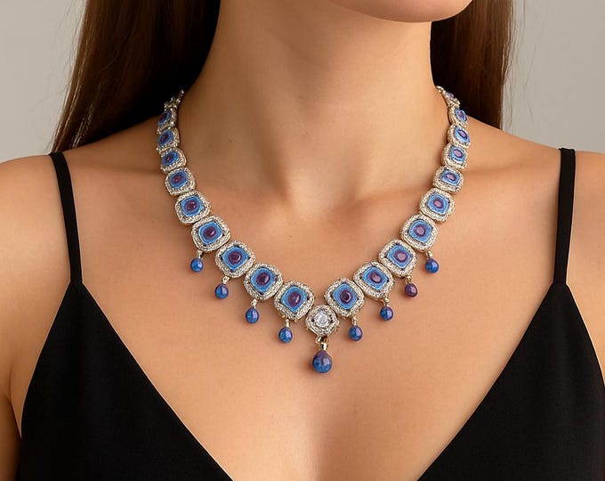 Platinum 79.71ctw Tanzanite And 19.78ctw Diamond Necklace | Statement Tennis Necklace | Luxury Fine Jewelry December Birthstone Gift for Her