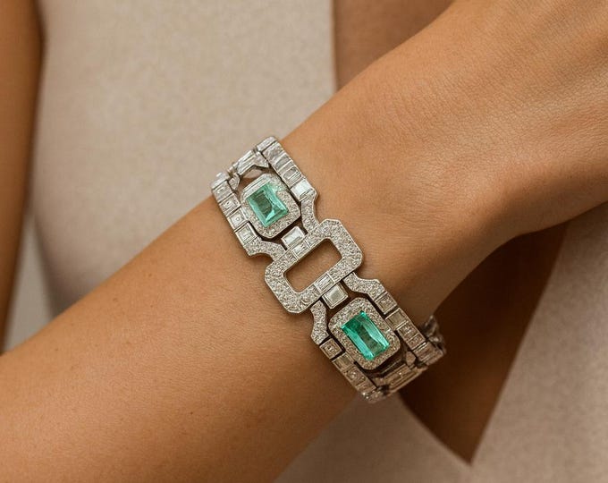 33.93ct Colombian Emerald & Diamond Bracelet 18k White Yellow Gold Cluster Statement Luxury Fine Jewelry 7.75 fine emerald diamond bangle