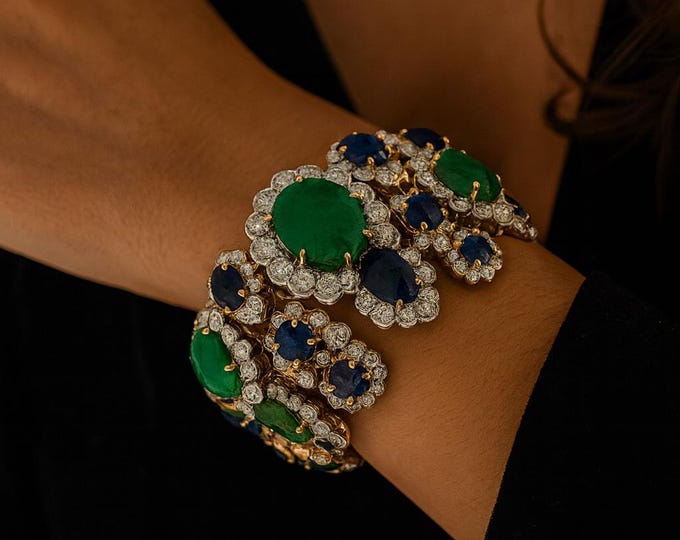109.4ct Emerald Sapphire Diamond Bracelet 18k Yellow Gold Platinum Signed Vintage Bangle Luxury Fine Jewelry 7" VS F-G