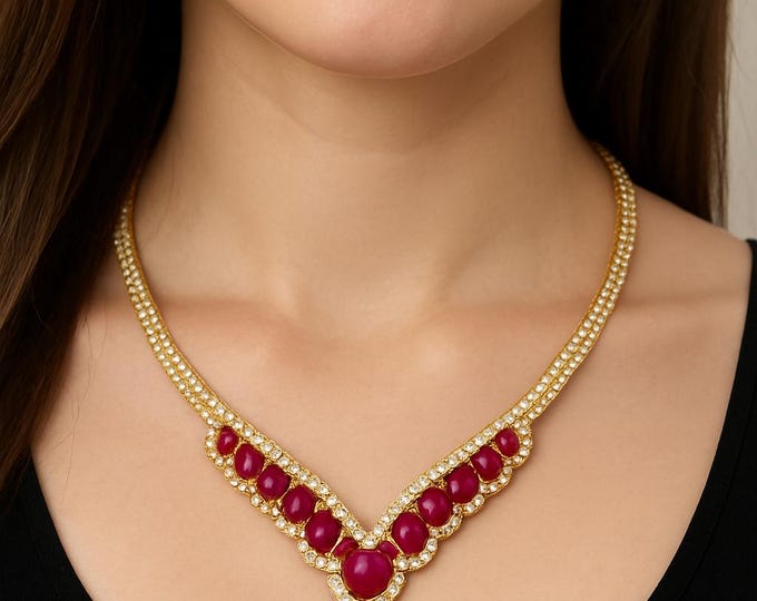 Ruby And Diamond V Collar Necklace – Van Cleef  Arpels 18K Yellow Gold, 72.35 CTW, Luxury Statement Jewelry
