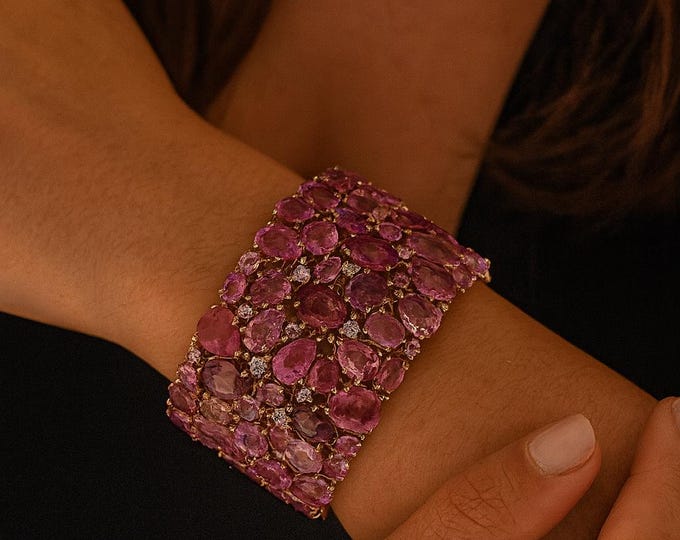 151ct Pink Sapphire Diamond Wide Bracelet 18k Yellow Gold Beaded Bangle Fine Jewelry VS2-SI2 Vintage Statement 7"