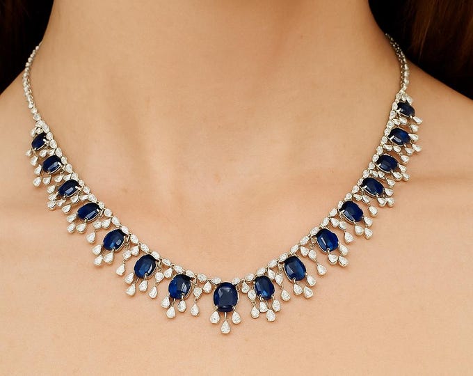 33.04 Ct Natural Blue Sapphire Diamond Collar Necklace | 14k White Gold  SI/H Diamonds & Pear Cut Sapphires  Luxury Bridal Jewelry 16 Inch