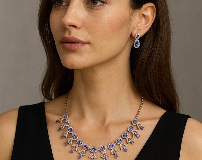 A++ Natural Tanzanite & Diamond Necklace | 14K Rose Gold | 30.60 CT | Multi-Shape Tennis Necklace Unique Necklace Wedding Jewelry Gift