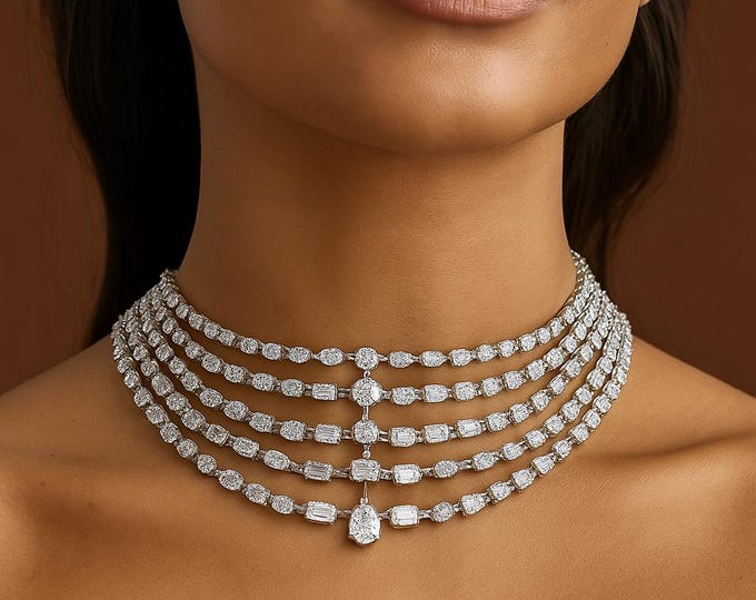 Real Diamond Choker Necklace | 14k White Gold | 28.07 CTW | SI-H Clarity | Layered Pear and Round Diamond Excellent Cut Diamonds