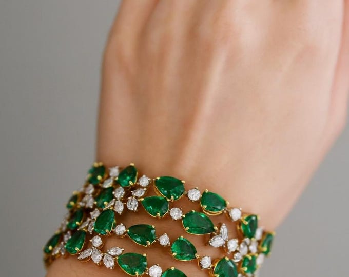 78ct Emerald Diamond Tennis Bracelet 18k White Yellow Gold 7" Pear Cut Green Emeralds Round Marquise VS-SI Fine Jewelry