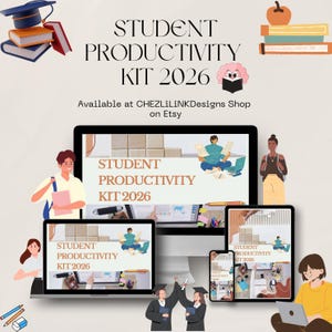 Peut inclure: Illustration numérique faisant la promotion d'un kit de productivité étudiant. L'image présente un ordinateur de bureau, un ordinateur portable, une tablette et un smartphone affichant le texte "STUDENT PRODUCTIVITY KIT 2026". D'autres éléments incluent des livres, une toque et des personnages de dessins animés.