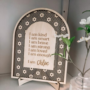 Personalized Self Affirmations Sign, Wooden Kids Sign, Kids Room Decor, Rattan Daisy Name Sign, Arch Rattan, Wood Room Decor, Boho Decor