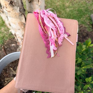 May include: A blush-colored Bible with a decorative tassel made of pink and gold ribbons. The Bible is closed and has a smooth, leather-like texture. The tassel adds a touch of elegance and charm to the book.