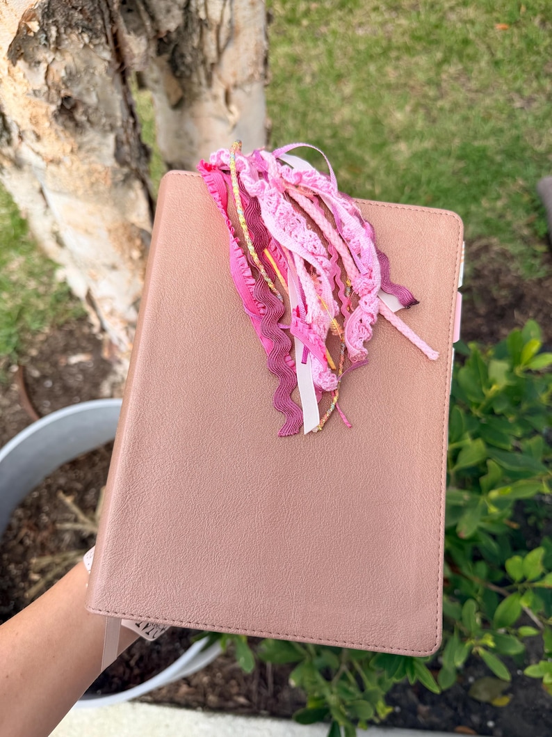 May include: A blush-colored Bible with a decorative tassel made of pink and gold ribbons. The Bible is closed and has a smooth, leather-like texture. The tassel adds a touch of elegance and charm to the book.