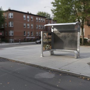 Peut inclure: Un abribus argenté avec un banc, situé sur un trottoir en béton près d'une rue. Une affiche avec des images de personnes est affichée sur le côté. Des bâtiments sont visibles en arrière-plan.