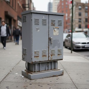 Puede incluir: Una caja eléctrica gris desgastada, con rejillas rectangulares y una puerta, colocada sobre una base de hormigón en una acera de la ciudad. La caja muestra signos de óxido y desgaste. Coches y peatones en el fondo.