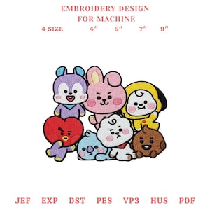 May include: An embroidery design for machine use featuring seven cartoon characters in various colors. The design includes the text "EMBROIDERY DESIGN FOR MACHINE" and sizes from 4" to 9". File formats include JEF, EXP, DST, PES, VP3, HUS, and PDF.