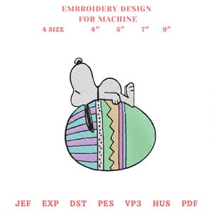 May include: An embroidery design for machine use featuring a cartoon character lying on a colorful Easter egg. The egg is decorated with stripes and zigzags in pastel colors. The design is available in 4, 5, 7, and 9-inch sizes.