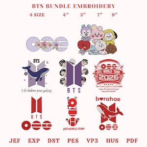 May include: A collection of BTS embroidery designs, including the BTS logo, cartoon characters, and text. The designs are available in 4", 5", 7", and 9" sizes. The text includes "BTS BUNDLE EMBROIDERY", "BTS WORLD TOUR 2026", and "I do believe your galaxy".