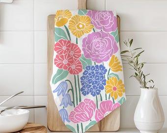Colorful Floral Bouquet Tea Towel | Pastel Garden Kitchen Towel | Block Print Kitchen Linen | Wildflowers and Roses | Cottagecore Home Decor