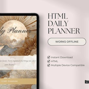 Può includere: Un pianificatore giornaliero HTML digitale visualizzato su un tablet. Il pianificatore presenta un design celeste con un motivo di sole e nuvole. Il testo include "Daily Planner", "HTML DAILY PLANNER" e "WORKS OFFLINE".