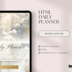 May include: Digital HTML Daily Planner displayed on a tablet. The planner features a celestial background and the text "Daily Planner" and "Begin Your Journey." Additional text includes "HTML Daily Planner," "Works Offline," and bullet points for features.